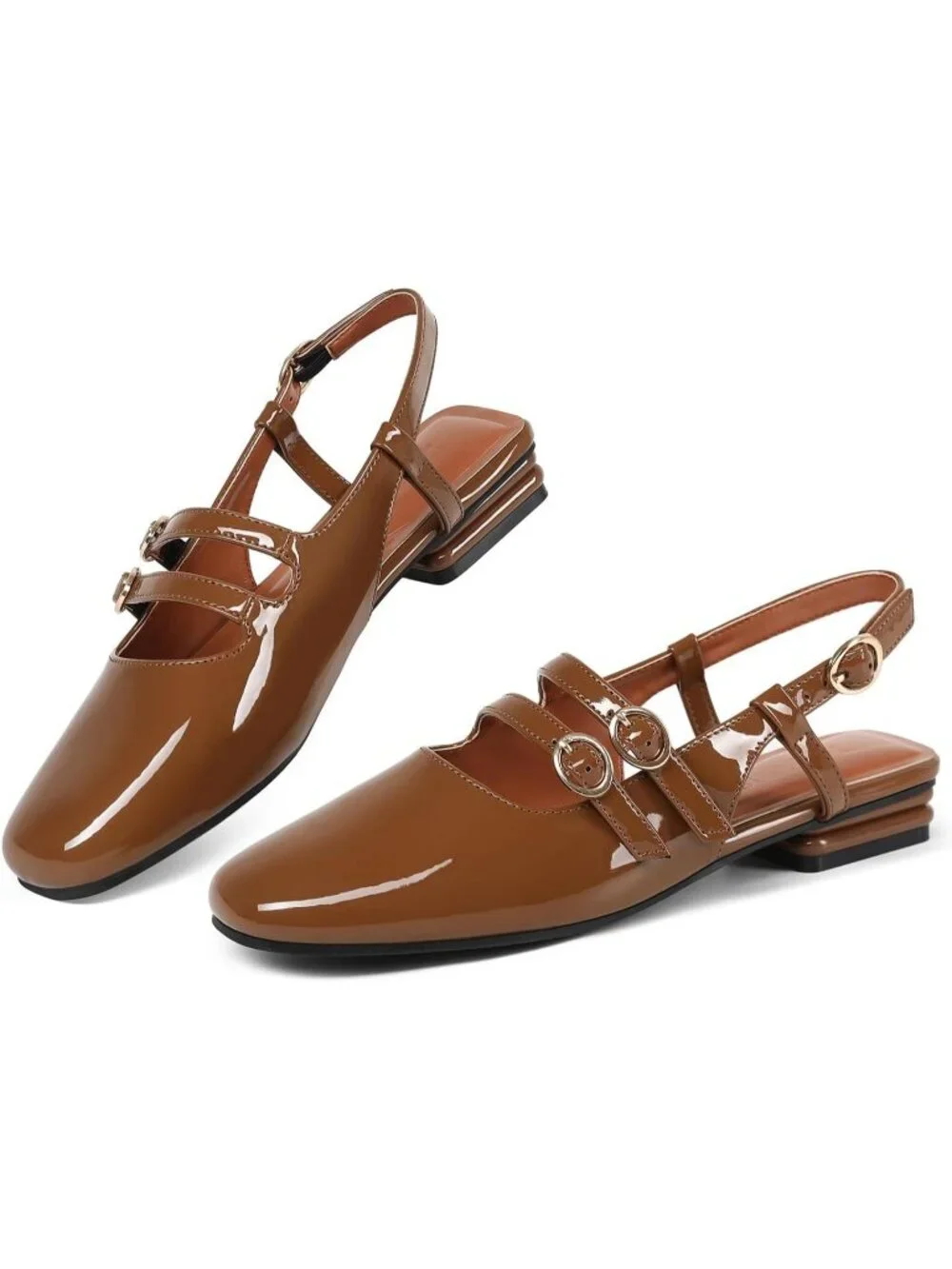 Women's Brown Faux Leather Closed Square Toe Strap Slingback Low Heels Pumps